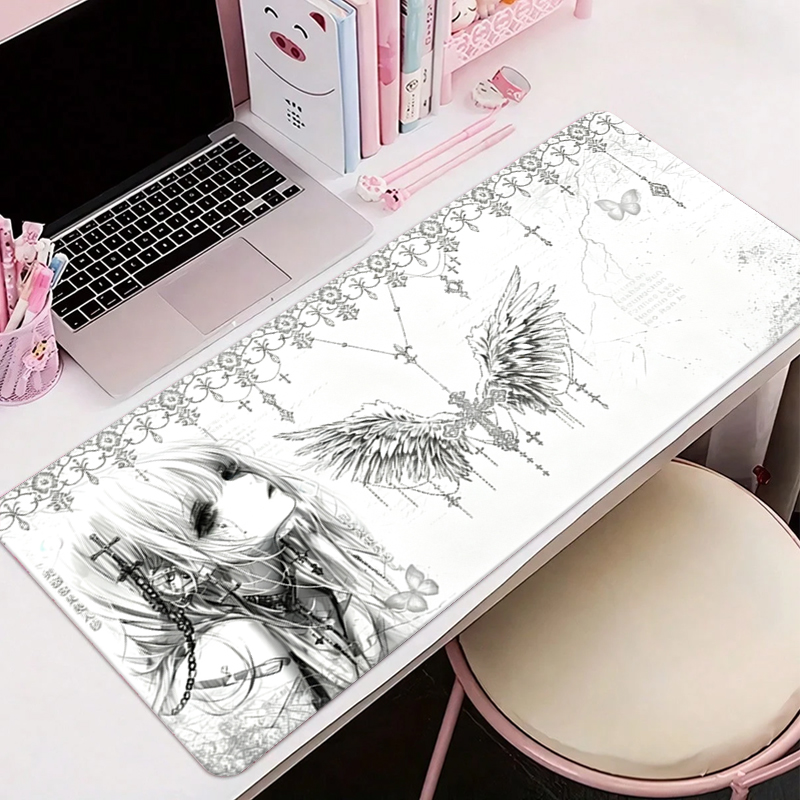 Gaming Keyboard Mouse - Leather Mousepad Black White Anime Aesthetics